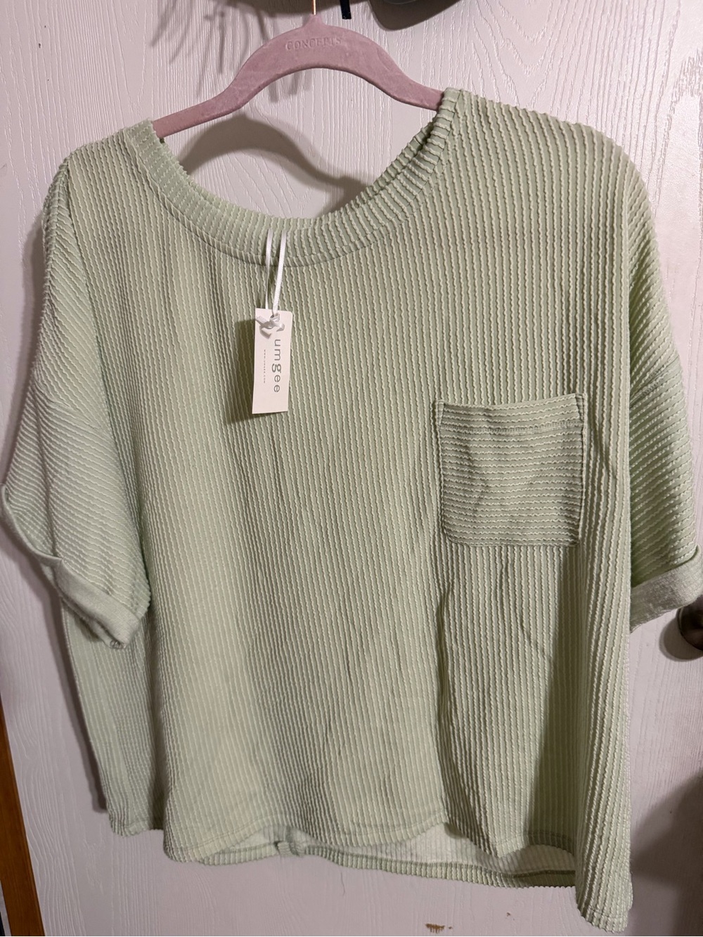 NWT Umgee Sage Green Waffle Knit Oversized Pocket Tee Top